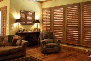 Living room with wood blinds